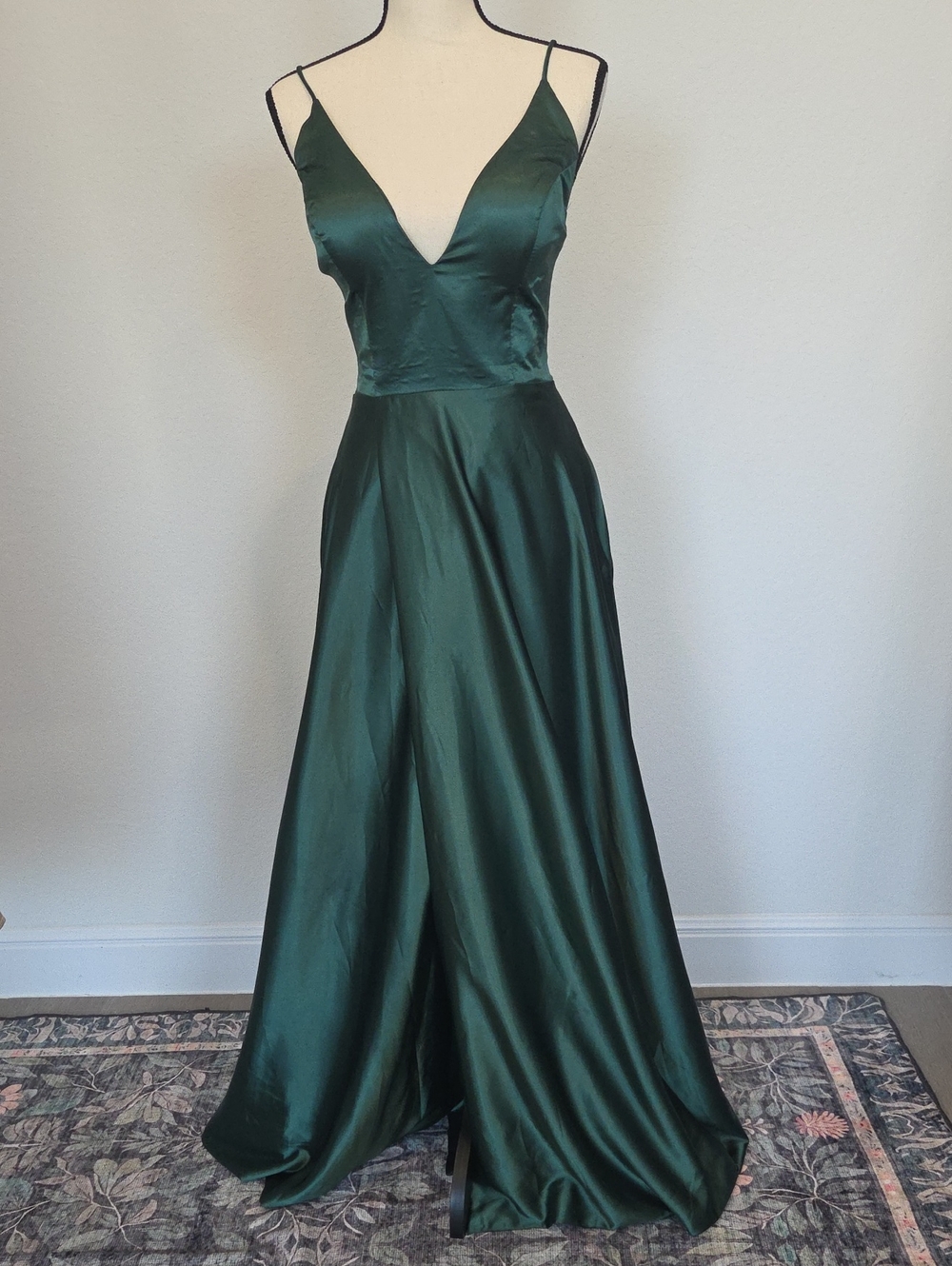 Emerald Ivy Green Satin Spaghetti-Strap Evening Long Gown Dress Costume *read